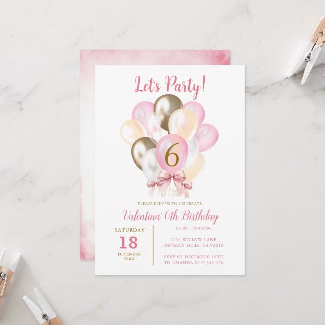Invitation Fête 6ème fille Anniversaire Pink Gold Balloon (Devant/Arrière en situation)