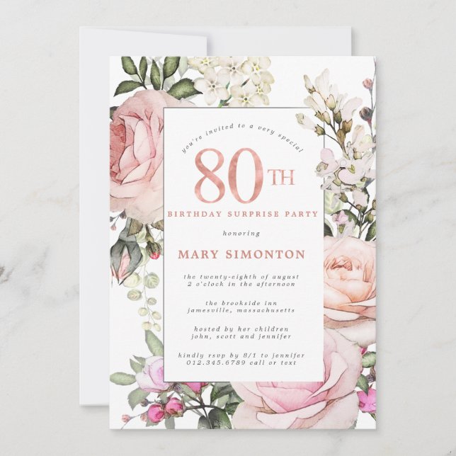 Invitation Fête 80e Anniversaire rose rose rose rose floral (Devant)