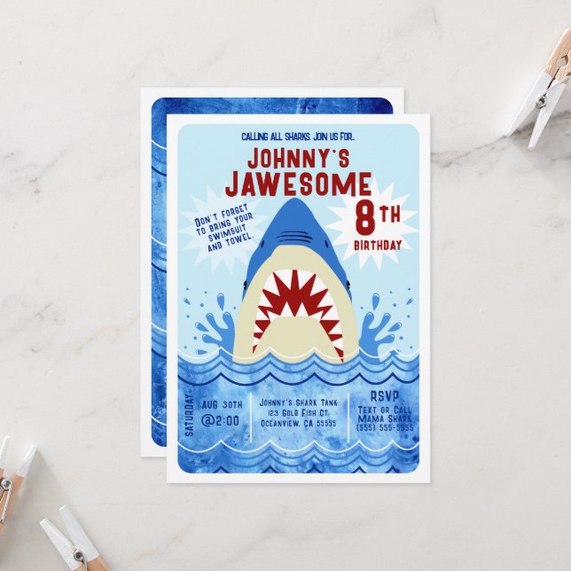Invitation Fête à la piscine aux requins (Devant/Arrière en situation)