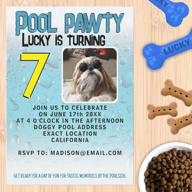 Invitation Fête à la piscine avec photo personnalisée de chie (Pool pawty puppy dog custom photo birthday party invitation by Isabella Hippie Lou)