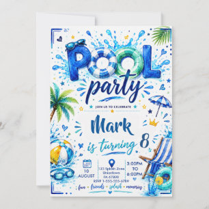 Invitation Fête à la piscine  natation été Anniversaire garço