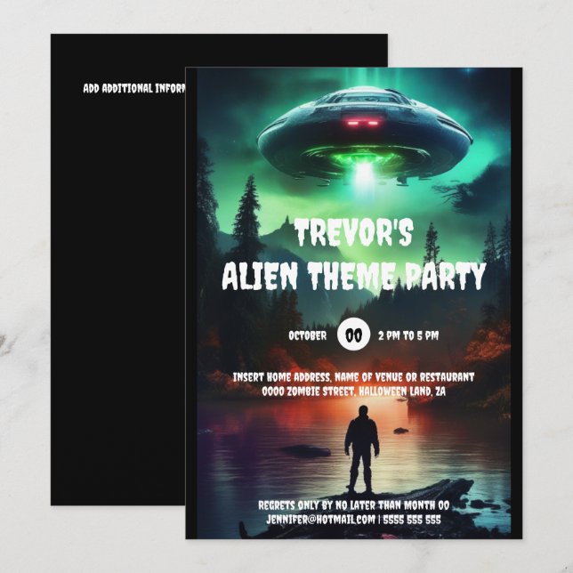 Invitation Fête à thème d'anniversaire de l'invasion des OVNI (Devant / Derrière)