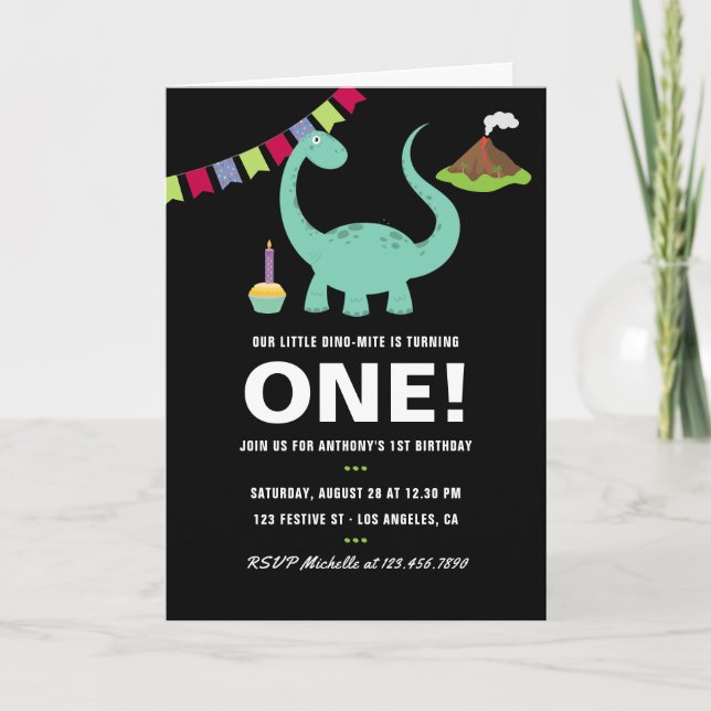 Invitation Fête à thème Dinosaure 1er Anniversaire noir et bl (Devant)