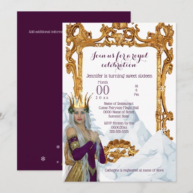 Invitation Fête à thème princesse de la reine des neiges (Devant / Derrière)