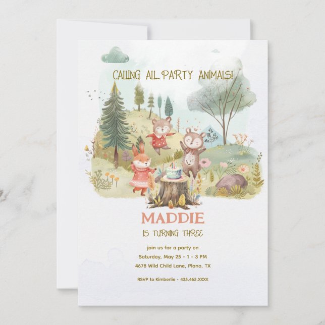 Invitation Fête Animaux boisés Anniversaire de enfant (Devant)