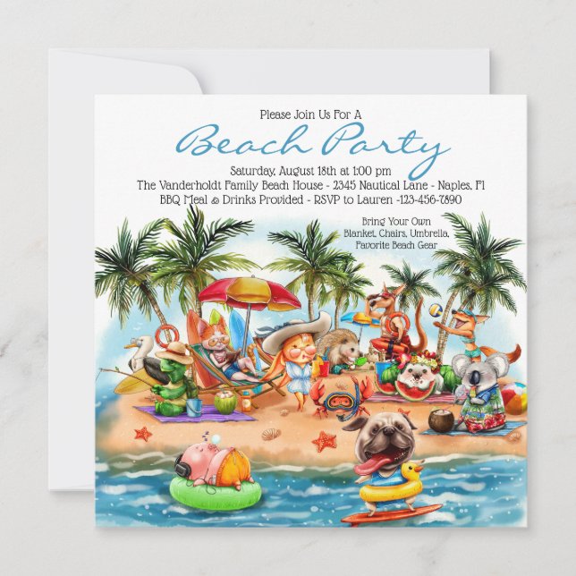 Invitation Fête Animaux de plage (Devant)