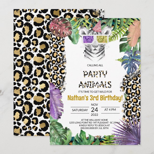 Invitation Fête Animaux Fille Safari Anniversaire Jungle Zoo (Devant / Derrière)