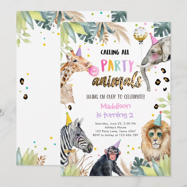Invitation Fête Animaux Fille Safari Anniversaire Jungle Zoo (Devant / Derrière)