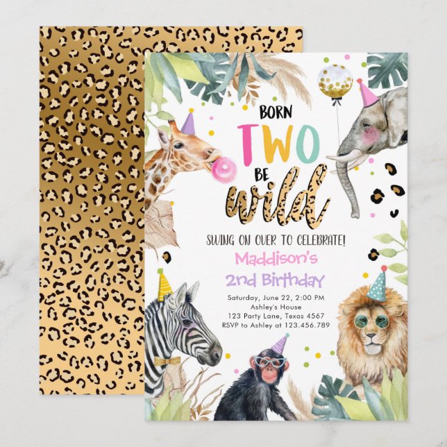 Invitation Fête Animaux Fille Safari Deux Wild 2e Anniversair (Devant / Derrière)