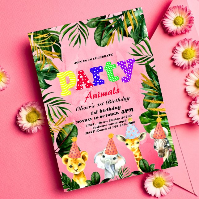 Invitation Fête Animaux Wild Safari Rose Fille Anniversaire (Créateur téléchargé)