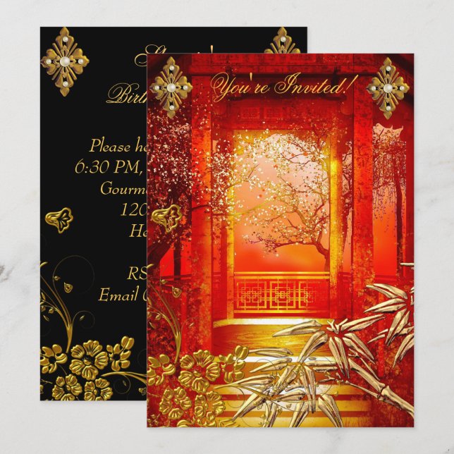 Invitation Fête Anniversaire Asiatique Vue Or Bambou Rouge (Devant / Derrière)