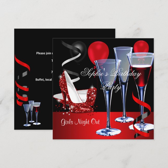 Invitation Fête Anniversaire Chaussure Rouge Hi Talons Vin (Devant / Derrière)