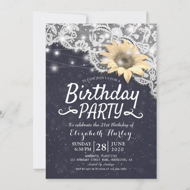 Invitation Fête Anniversaire Chic dentelle Tournesols Chaînes (Devant)