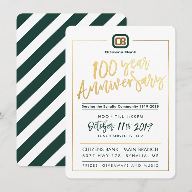 Invitation FÊTE ANNIVERSAIRE CUSTOM 100 ans - Citizens Bank (Devant / Derrière)