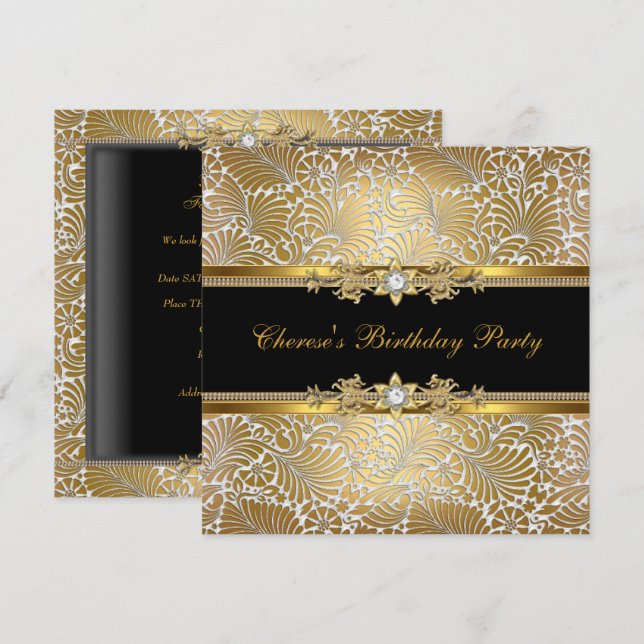 Invitation Fête Anniversaire Damask Or Noir Blanc Diamant (Devant / Derrière)
