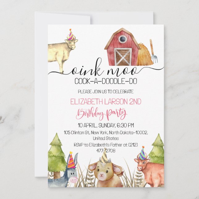Invitation Fête Anniversaire de enfant des animaux de ferme (Devant)