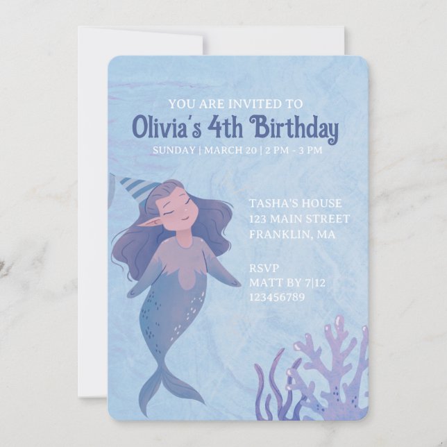 Invitation Fête Anniversaire de enfant du thème Mermaid (Devant)