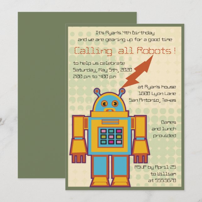 Invitation Fête anniversaire de enfant Robot rétro (Devant / Derrière)