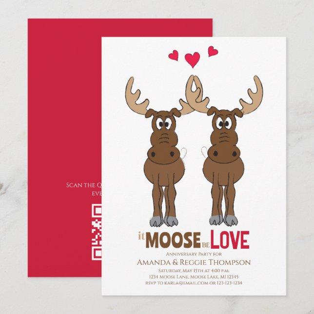 Invitation Fête Anniversaire It Moose be Love mignon Whimsica (Devant / Derrière)