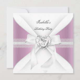 Invitation Fête Anniversaire Rose Blanc Diamond Coeur Bow