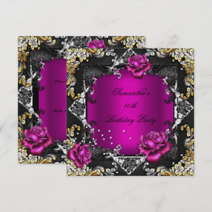 Invitation Fête Anniversaire Rose Riche Rose Or Argent Noir