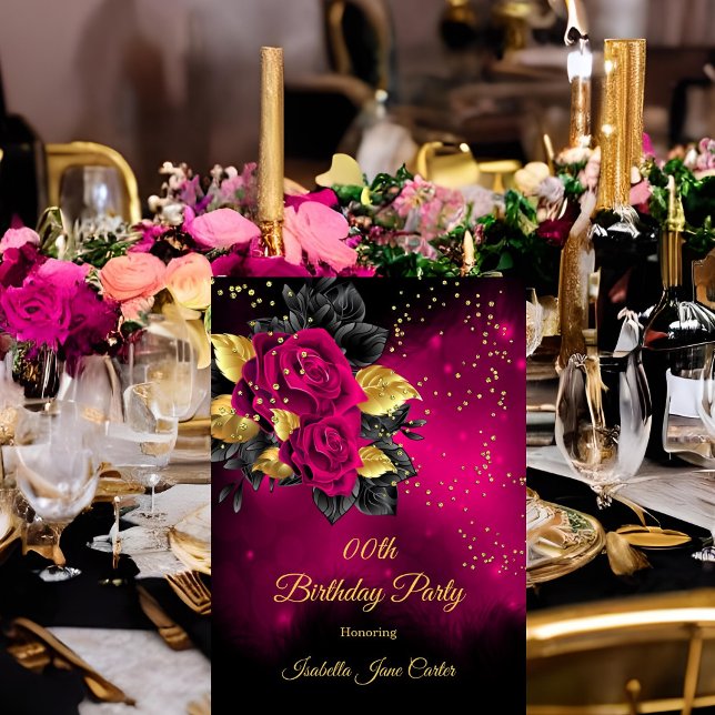 Invitation Fête Anniversaire Rose Rose Floral Gold parties sc (Créateur téléchargé)