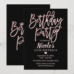 Invitation Fête Anniversaire Rose Rose Gold Foil & Black Mode