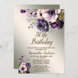 Invitation Fête Anniversaire Rose violet Fleurs Golden Elegan