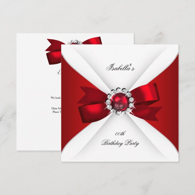 Invitation Fête Anniversaire Rouge Blanc Diamant Rouge Bow 2 (Devant / Derrière)