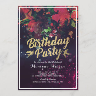 Invitation Fête Anniversaire Rouge Floral Gold Script Purple 