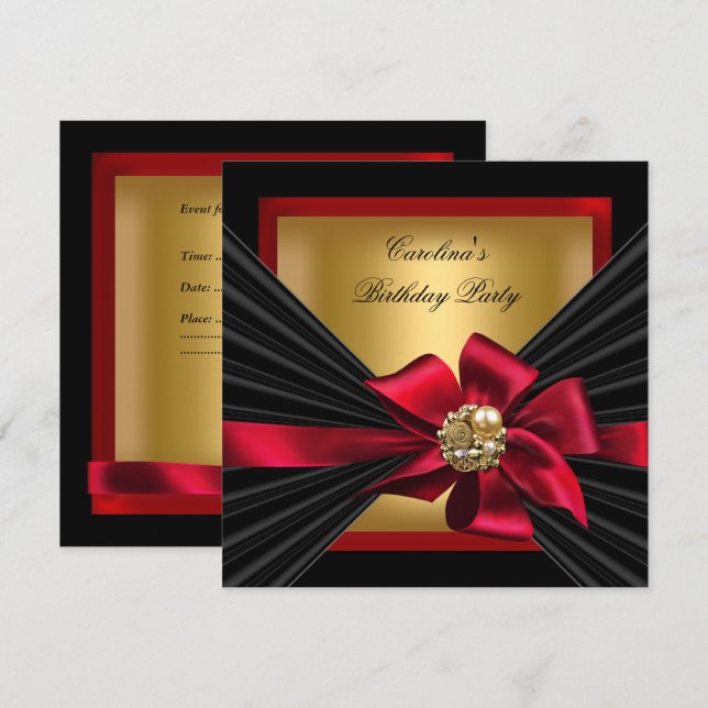Invitation Fête Anniversaire Rouge or Black Bow Jewel (Devant / Derrière)