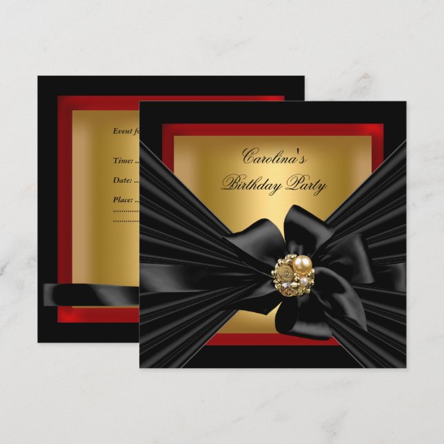 Invitation Fête Anniversaire Rouge or noir Bow (Devant / Derrière)