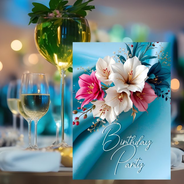 Invitation Fête Anniversaire Soie rose et bleu blanc Floral (Créateur téléchargé)