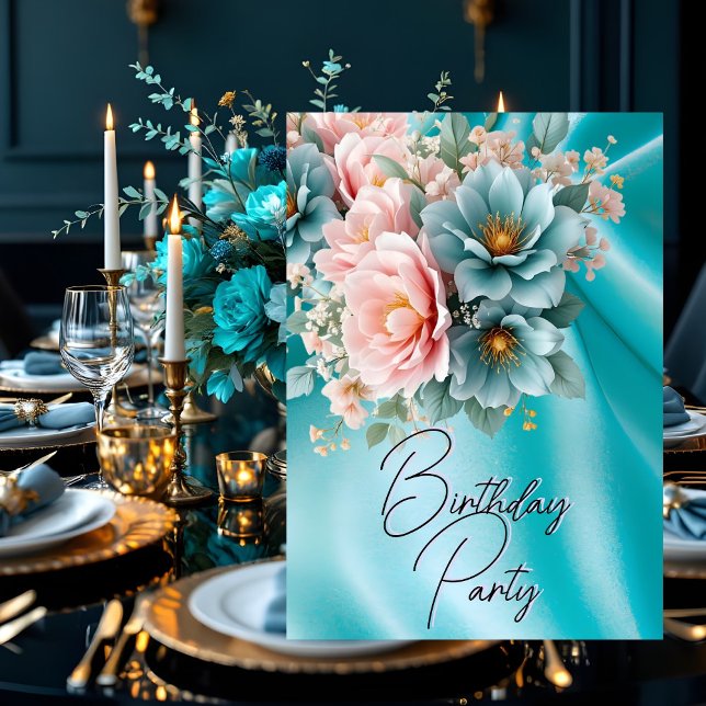 Invitation Fête Anniversaire Soie Turquoise Fleurs Roses Rose (Créateur téléchargé)