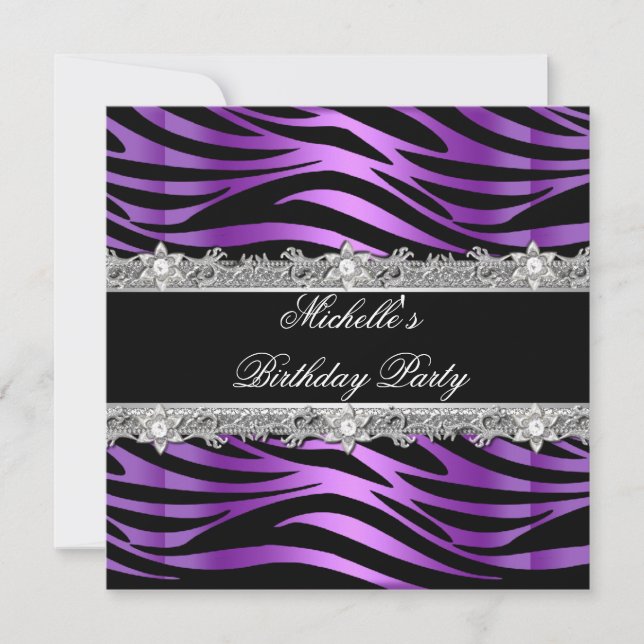 Invitation Fête Anniversaire violet argent Zebra Diamond noir (Devant)