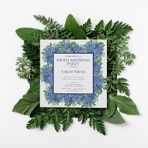 Invitation Fête aquarelle des hortensias bleus pour le 100e a