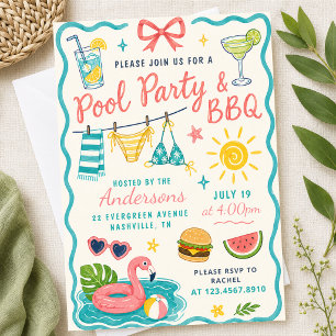 Invitation Fête au bord de la piscine BBQ Eté Jardin Tropical