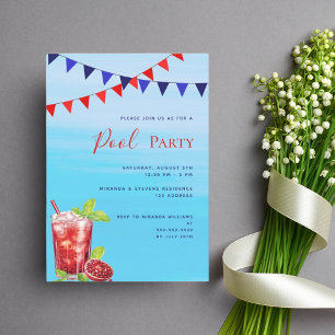 Invitation Fête au bord de la piscine boisson rouge eau bleue