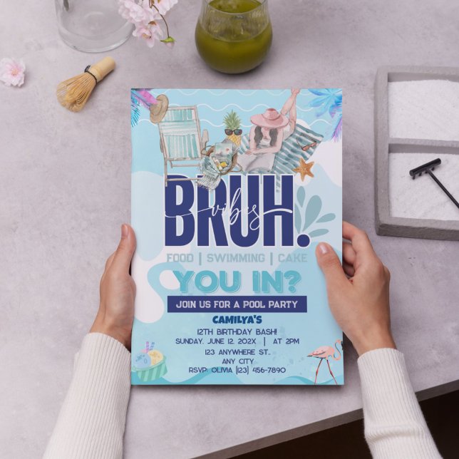 Invitation Fête au bord de la piscine BRUH-tastique pour le m (BRUH Blue Pool Party Boy Birthday Invitation)