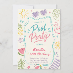 Invitation Fête au bord de la piscine d'anniversaire dessinée