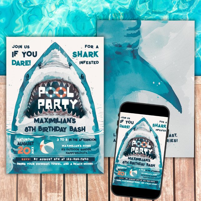Invitation Fête au bord de la piscine d'été Sharktastic (Créateur téléchargé)