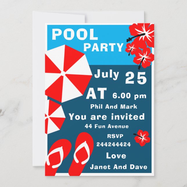 Invitation Fête au bord de la piscine pour adultes en été (Devant)