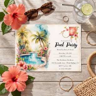 Invitation Fête au bord de la piscine tropicale aquarelle vin