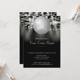 Invitation Fête aux étoiles scintillantes noires et blanches 