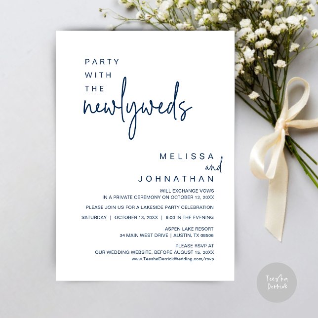 Invitation Fête Avec Les Nouveaux Mariés, Dîner Mariage (Party with the newlyweds, Post wedding dinner celebration invitation card, PDF, in Navy Blue)