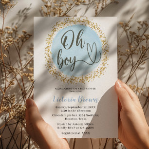 Invitation Fête Baby Shower Oh Garçon Bleu et Confettis Dorés