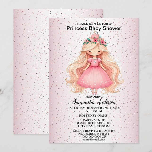Invitation Fête Baby shower princesse rose aquarelle (Devant / Derrière)