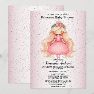 Invitation Fête Baby shower princesse rose aquarelle