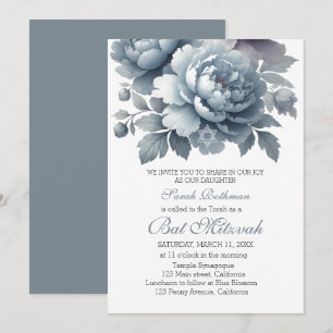 Invitation Fête Bar Mitzvah poussiéreuse bleue de pivoine flo
