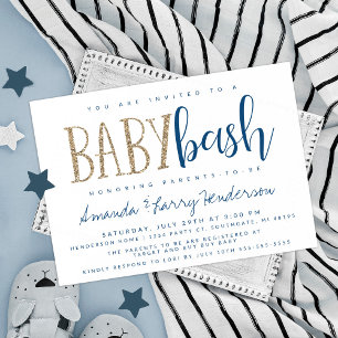 Invitation Fête bébé bleu et or, Baby Shower pour couples